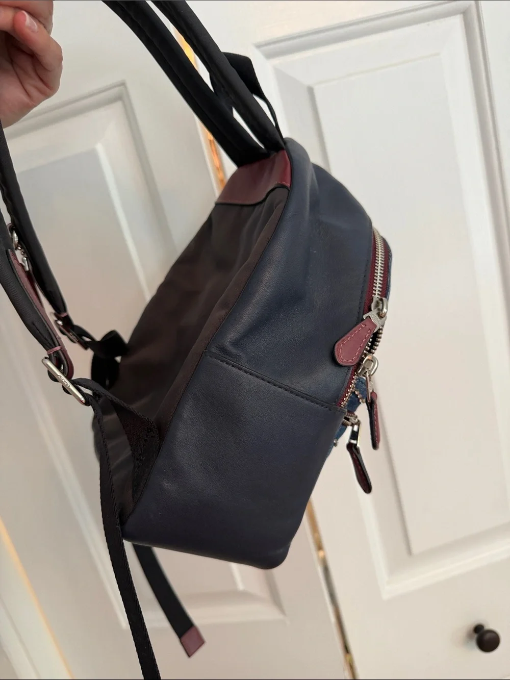 Authentic Coach Burgundy Leather/Denim mini backpack with patchwork/rhinestone